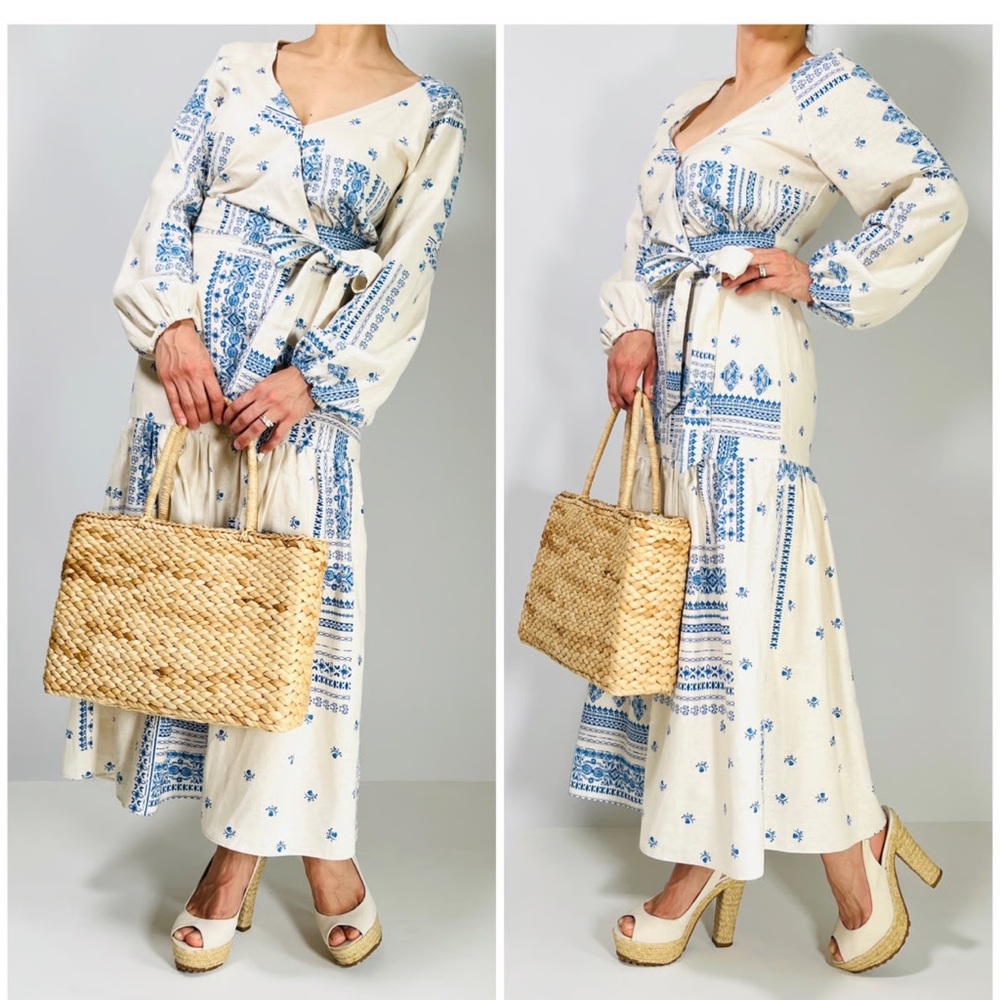 EUC MAISON D’AIMELIE Paris Wrap Top and Skirt Cream Blue Block Print Wrap top